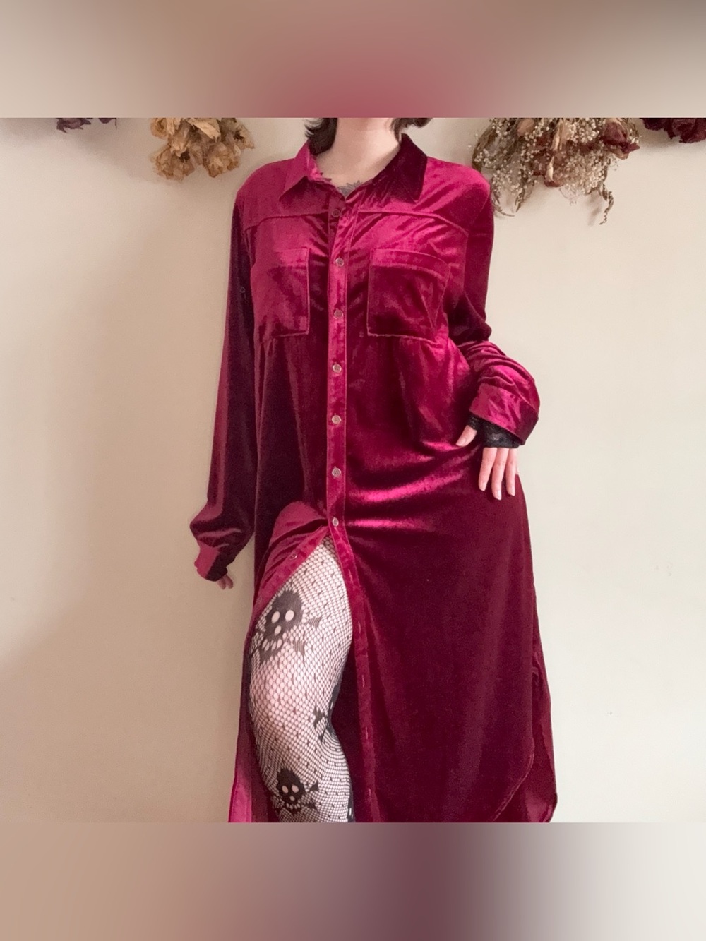 Umgee Whimsigoth Velvet Button-Front Sleep Shirt Dress in Deep Red